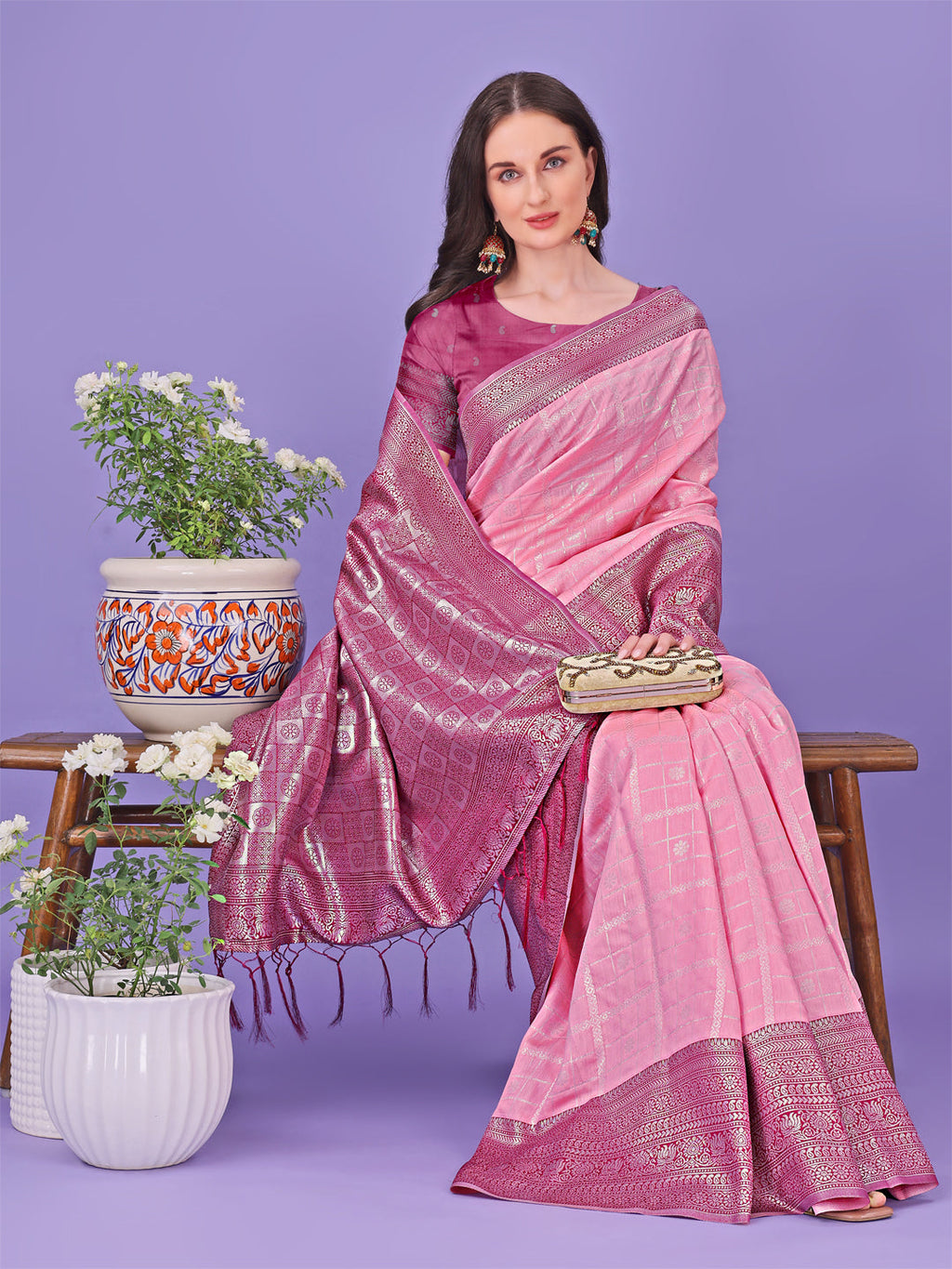 Shree Shyam Fashion Vibrant Pink & Magenta Lichi Silk Saree with Rich Woven Border and Contrast Blouse - Festive & Wedding Wear | Grocsy