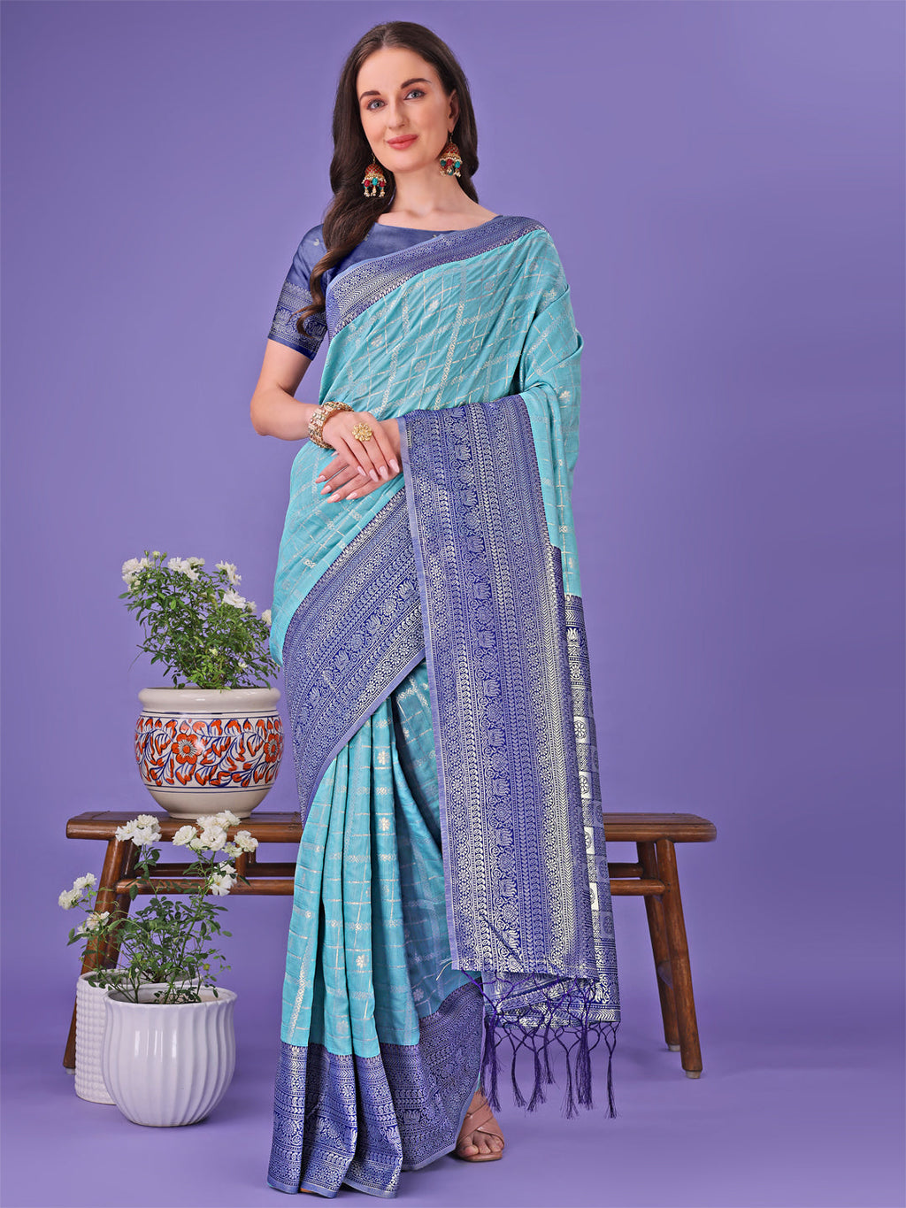 Shree Shyam Fashion Vibrant Sea Green & Blue Lichi Silk Saree with Rich Woven Border and Contrast Blouse - Festive & Wedding Wear | Grocsy