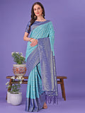 Shree Shyam Fashion Vibrant Sea Green & Blue Lichi Silk Saree with Rich Woven Border and Contrast Blouse - Festive & Wedding Wear | Grocsy