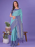 Shree Shyam Fashion Vibrant Sea Green & Blue Lichi Silk Saree with Rich Woven Border and Contrast Blouse - Festive & Wedding Wear | Grocsy