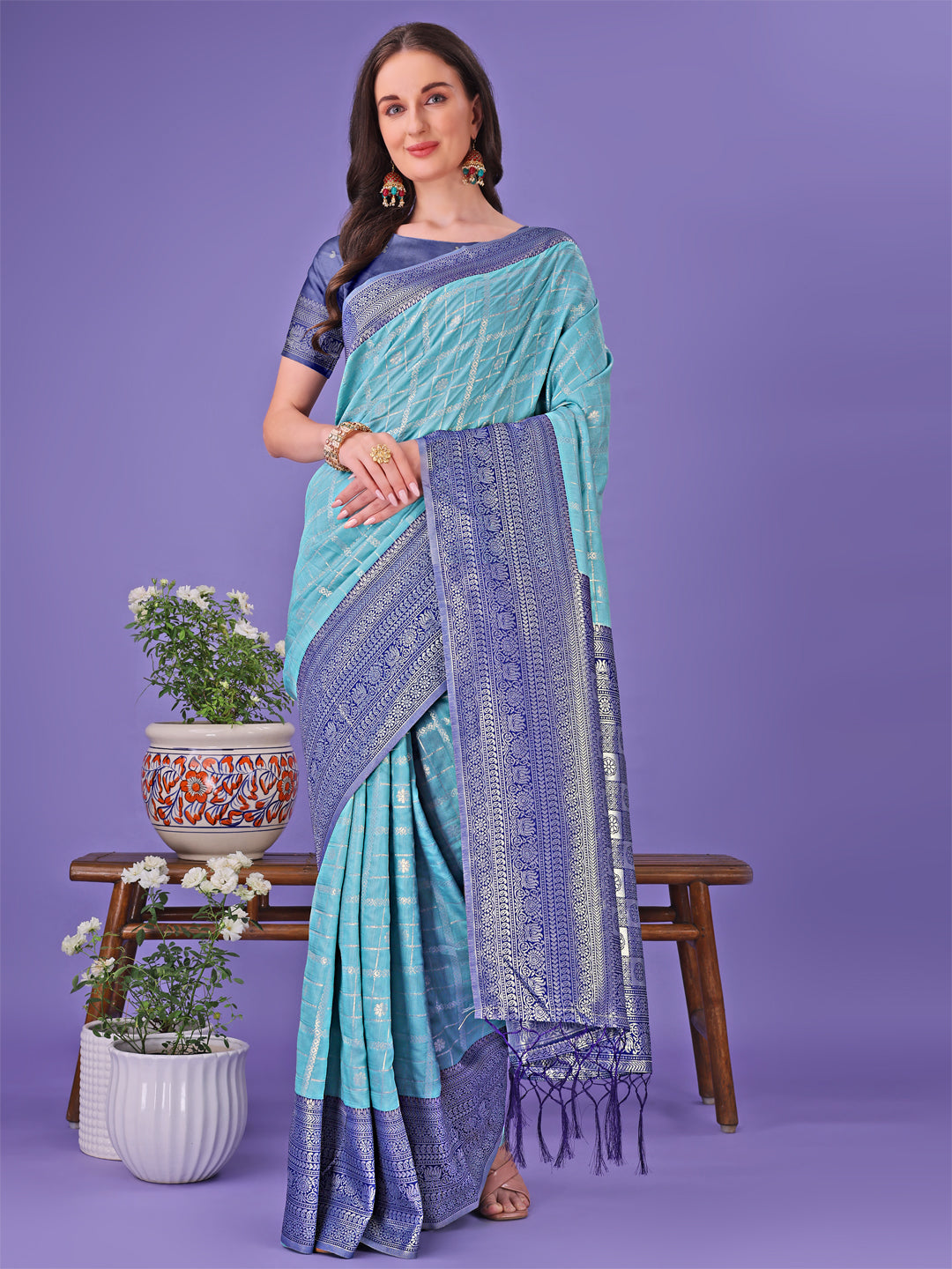 Shree Shyam Fashion Vibrant Sea Green & Blue Lichi Silk Saree with Rich Woven Border and Contrast Blouse - Festive & Wedding Wear | Grocsy