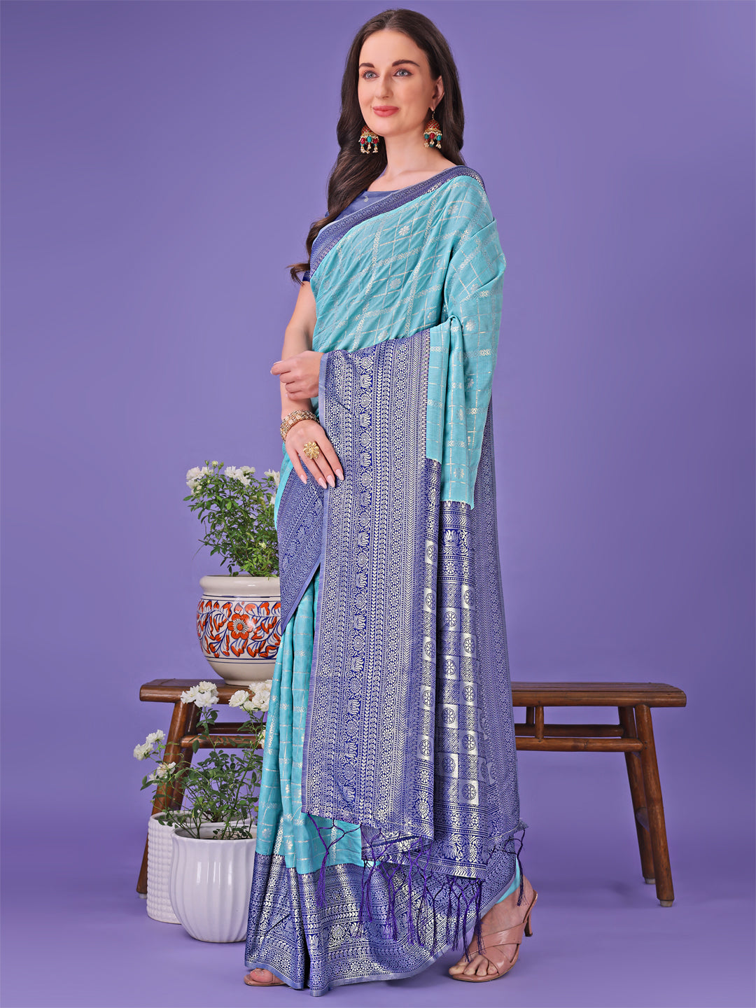 Shree Shyam Fashion Vibrant Sea Green & Blue Lichi Silk Saree with Rich Woven Border and Contrast Blouse - Festive & Wedding Wear | Grocsy