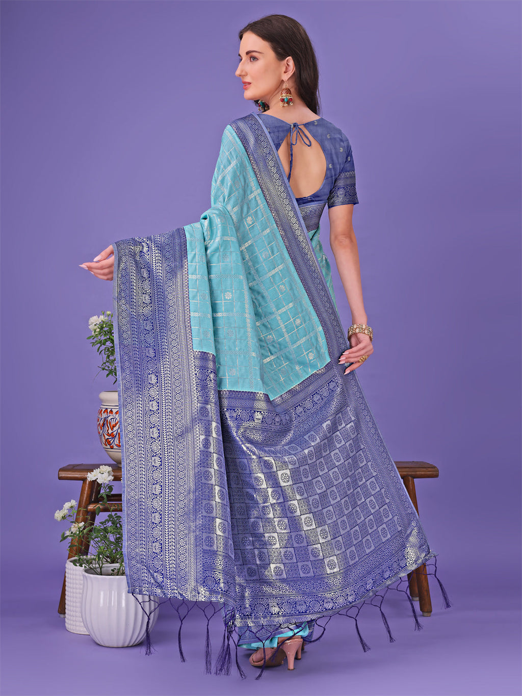 Shree Shyam Fashion Vibrant Sea Green & Blue Lichi Silk Saree with Rich Woven Border and Contrast Blouse - Festive & Wedding Wear | Grocsy