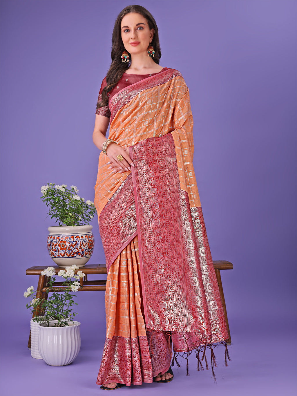 Shree Shyam Fashion Vibrant Orange & Red Lichi Silk Saree with Rich Woven Border and Contrast Blouse - Festive & Wedding Wear | Grocsy
