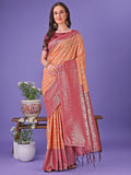 Shree Shyam Fashion Vibrant Orange & Red Lichi Silk Saree with Rich Woven Border and Contrast Blouse - Festive & Wedding Wear | Grocsy