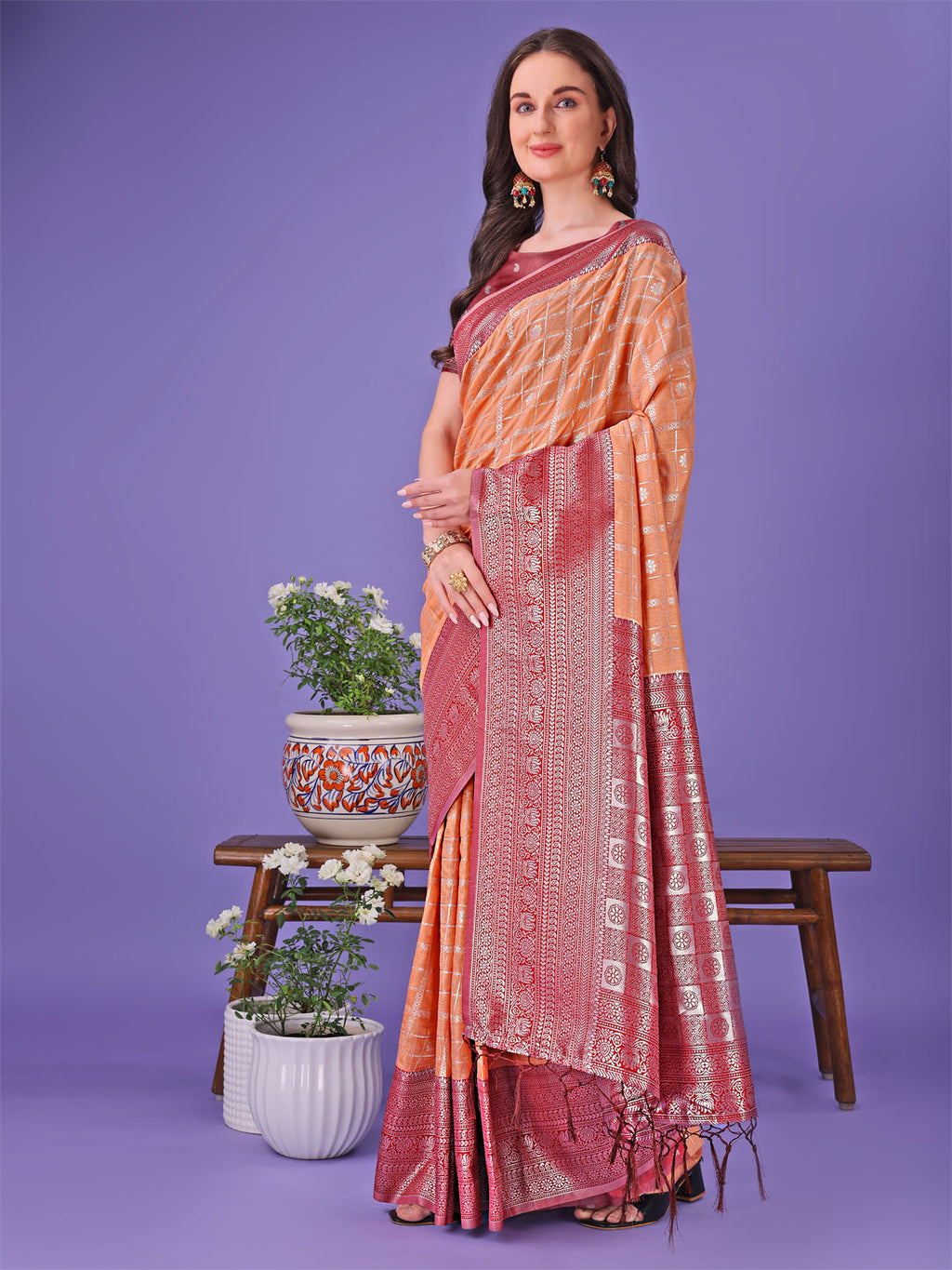Shree Shyam Fashion Vibrant Orange & Red Lichi Silk Saree with Rich Woven Border and Contrast Blouse - Festive & Wedding Wear | Grocsy