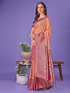 Shree Shyam Fashion Vibrant Orange & Red Lichi Silk Saree with Rich Woven Border and Contrast Blouse - Festive & Wedding Wear | Grocsy