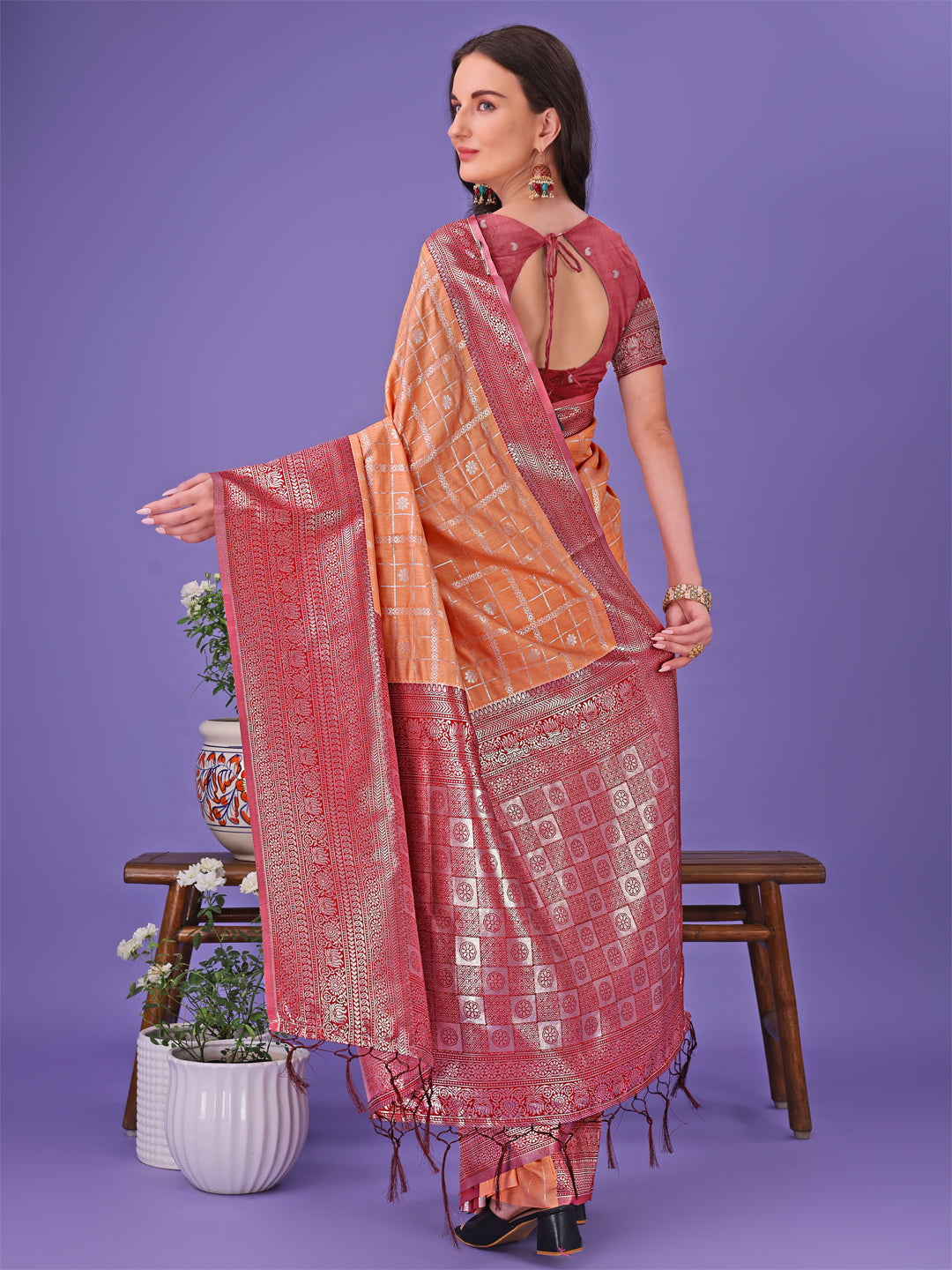 Shree Shyam Fashion Vibrant Orange & Red Lichi Silk Saree with Rich Woven Border and Contrast Blouse - Festive & Wedding Wear | Grocsy