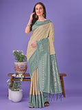 Shree Shyam Fashion Vibrant Cream & Green Lichi Silk Saree with Rich Woven Border and Contrast Blouse - Festive & Wedding Wear | Grocsy