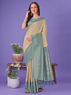 Shree Shyam Fashion Vibrant Cream & Green Lichi Silk Saree with Rich Woven Border and Contrast Blouse - Festive & Wedding Wear | Grocsy