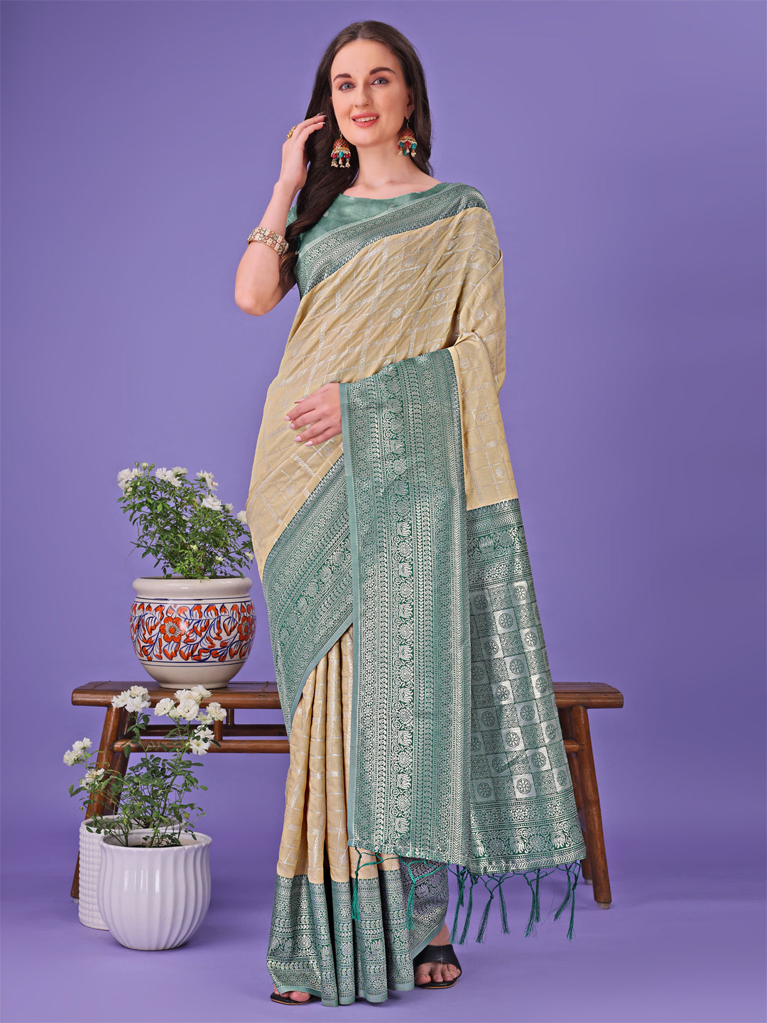 Shree Shyam Fashion Vibrant Cream & Green Lichi Silk Saree with Rich Woven Border and Contrast Blouse - Festive & Wedding Wear | Grocsy