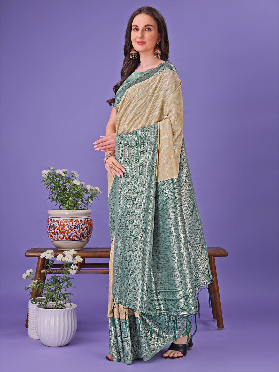 Shree Shyam Fashion Vibrant Cream & Green Lichi Silk Saree with Rich Woven Border and Contrast Blouse - Festive & Wedding Wear | Grocsy