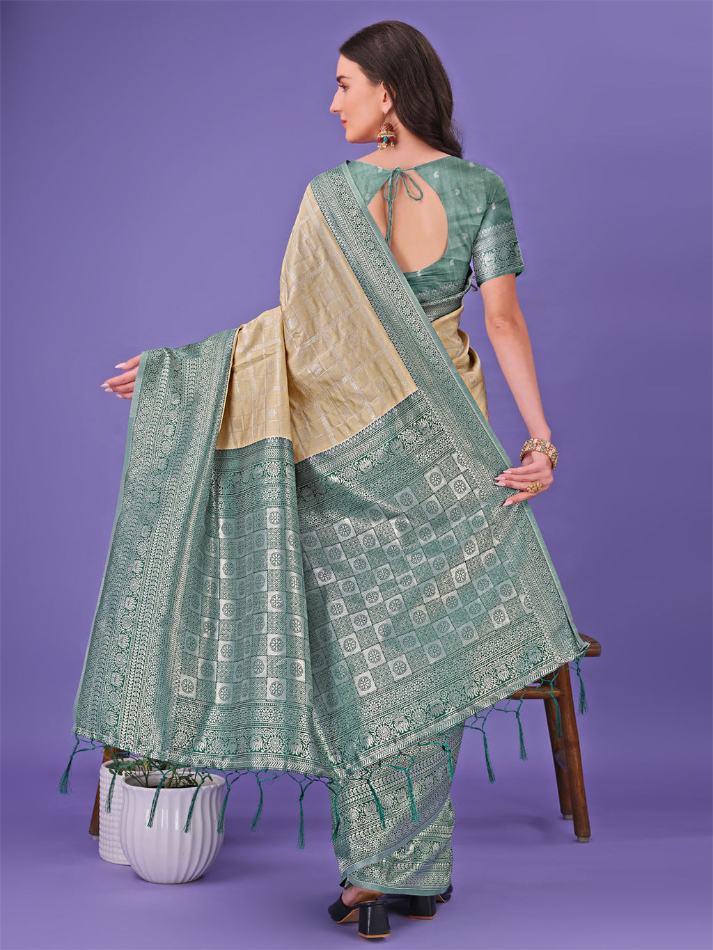 Shree Shyam Fashion Vibrant Cream & Green Lichi Silk Saree with Rich Woven Border and Contrast Blouse - Festive & Wedding Wear | Grocsy