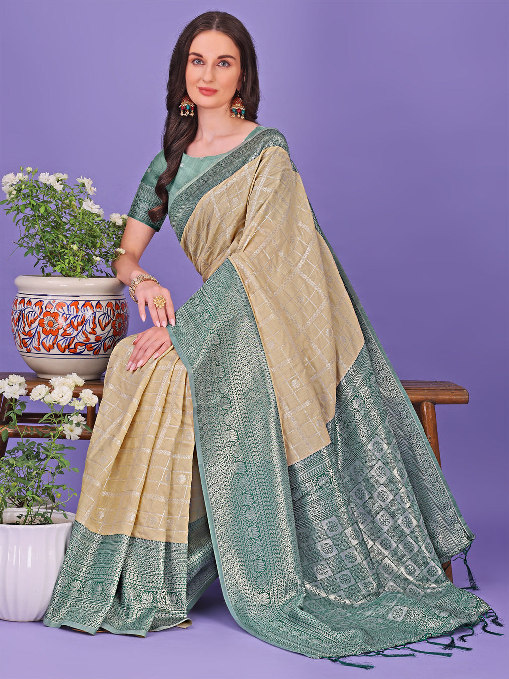Shree Shyam Fashion Vibrant Cream & Green Lichi Silk Saree with Rich Woven Border and Contrast Blouse - Festive & Wedding Wear | Grocsy