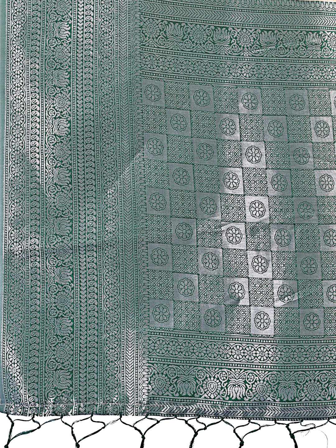 Shree Shyam Fashion Vibrant Cream & Green Lichi Silk Saree with Rich Woven Border and Contrast Blouse - Festive & Wedding Wear | Grocsy
