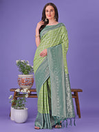Shree Shyam Fashion Vibrant Light Green & Dark Green Lichi Silk Saree with Rich Woven Border and Contrast Blouse - Festive & Wedding Wear | Grocsy