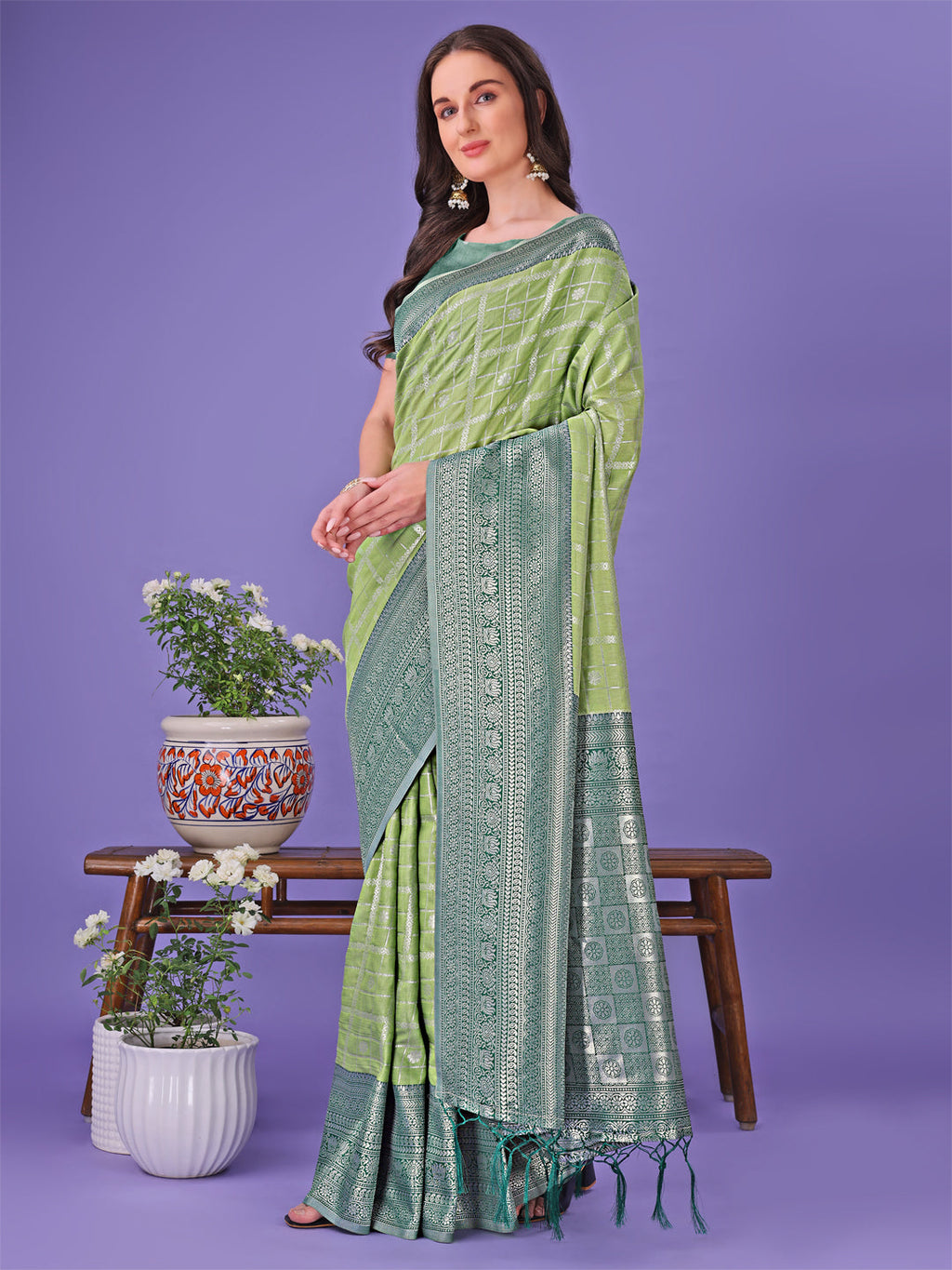 Shree Shyam Fashion Vibrant Light Green & Dark Green Lichi Silk Saree with Rich Woven Border and Contrast Blouse - Festive & Wedding Wear | Grocsy