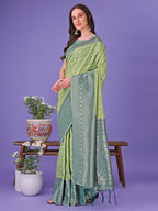 Shree Shyam Fashion Vibrant Light Green & Dark Green Lichi Silk Saree with Rich Woven Border and Contrast Blouse - Festive & Wedding Wear | Grocsy