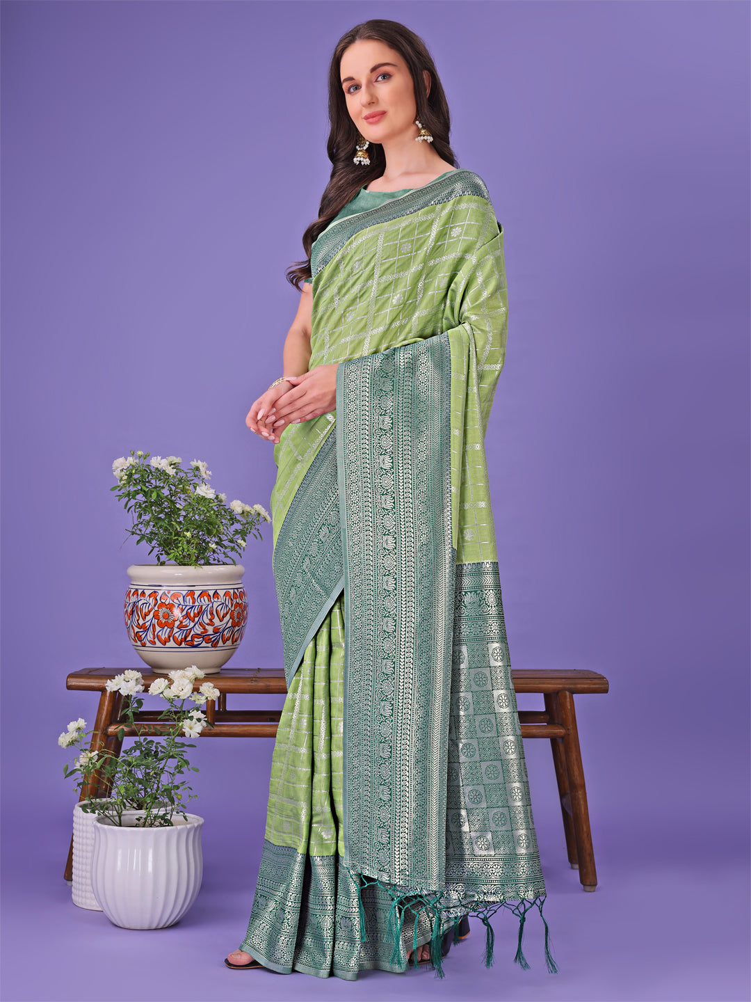 Shree Shyam Fashion Vibrant Light Green & Dark Green Lichi Silk Saree with Rich Woven Border and Contrast Blouse - Festive & Wedding Wear | Grocsy