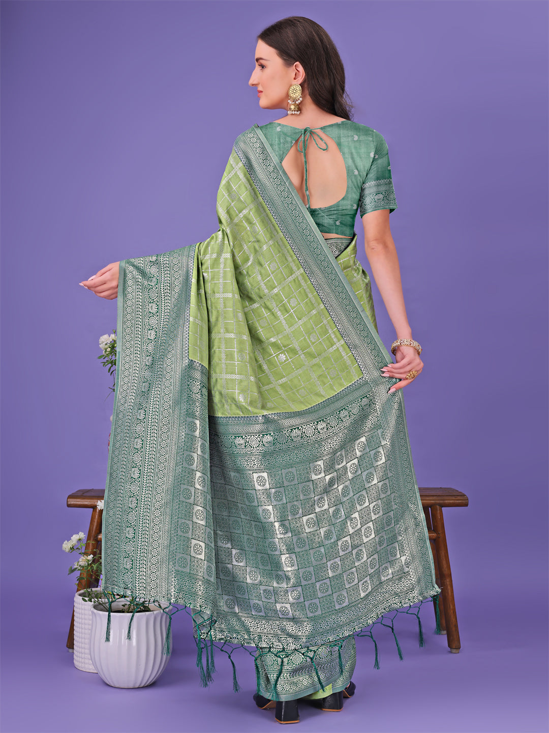 Shree Shyam Fashion Vibrant Light Green & Dark Green Lichi Silk Saree with Rich Woven Border and Contrast Blouse - Festive & Wedding Wear | Grocsy
