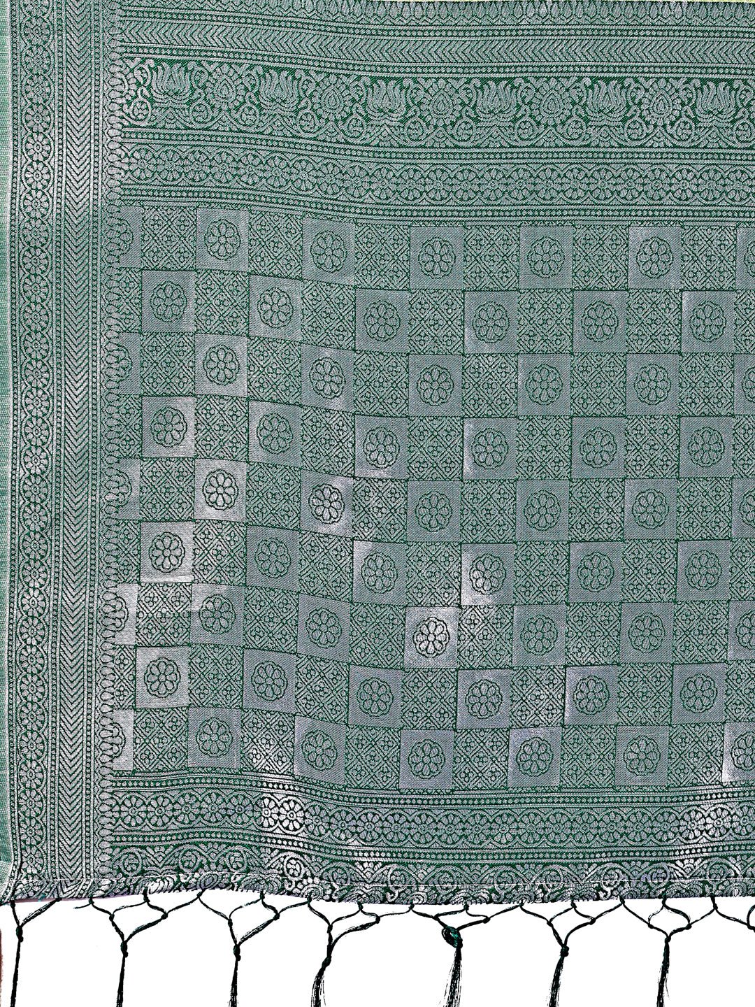 Shree Shyam Fashion Vibrant Light Green & Dark Green Lichi Silk Saree with Rich Woven Border and Contrast Blouse - Festive & Wedding Wear | Grocsy