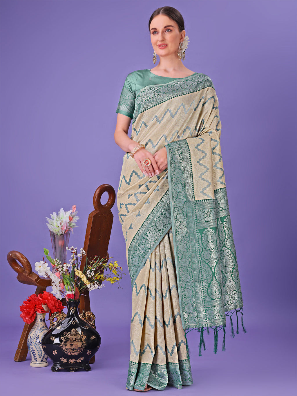 Shree Shyam Fashion Cream & Green Lichi Silk Saree with Rich Woven Border and Zigzag Pattern - Wedding & Festive Wear | Grocsy