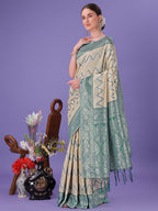 Shree Shyam Fashion Cream & Green Lichi Silk Saree with Rich Woven Border and Zigzag Pattern - Wedding & Festive Wear | Grocsy