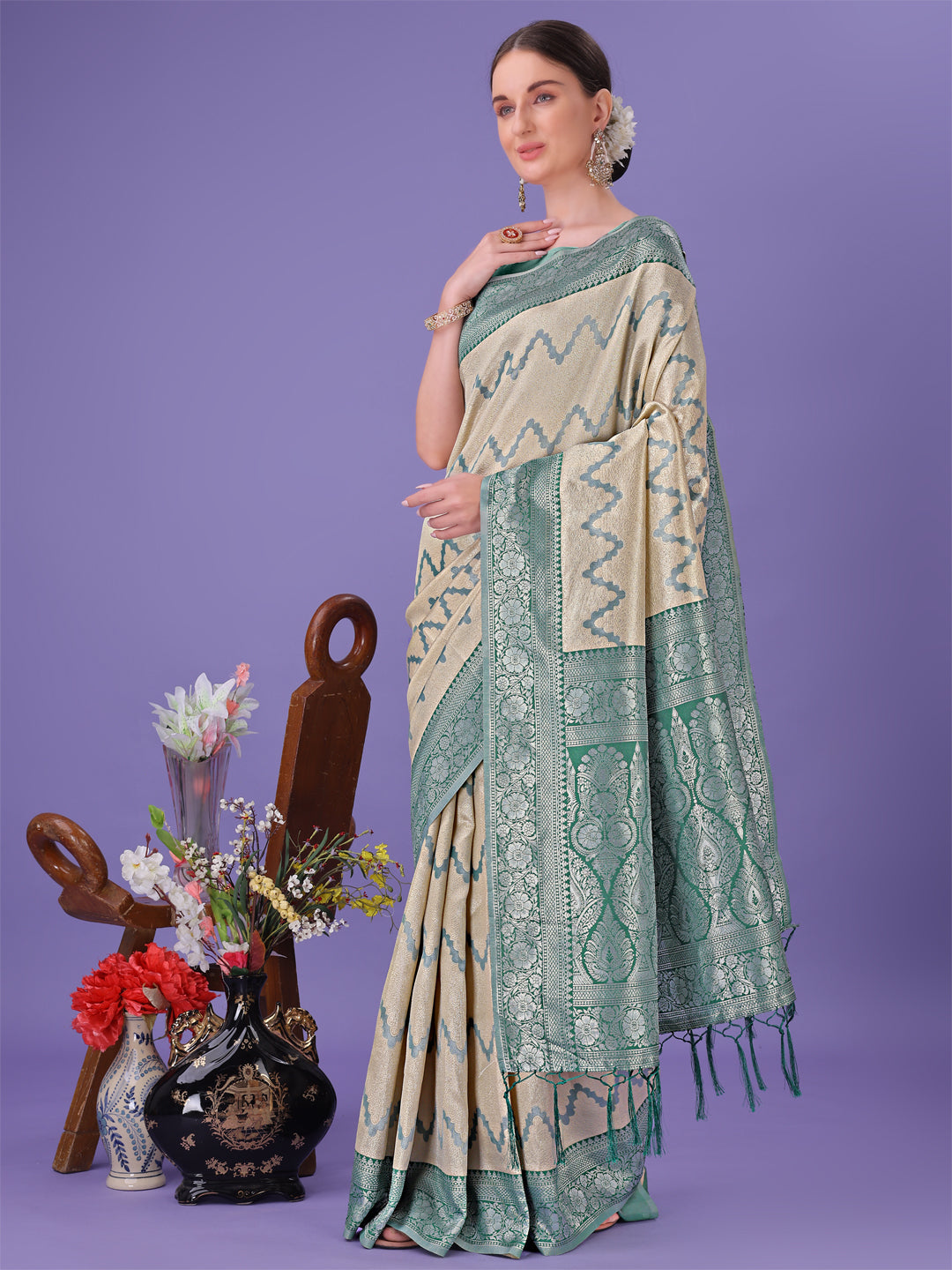 Shree Shyam Fashion Cream & Green Lichi Silk Saree with Rich Woven Border and Zigzag Pattern - Wedding & Festive Wear | Grocsy