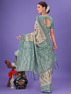 Shree Shyam Fashion Cream & Green Lichi Silk Saree with Rich Woven Border and Zigzag Pattern - Wedding & Festive Wear | Grocsy