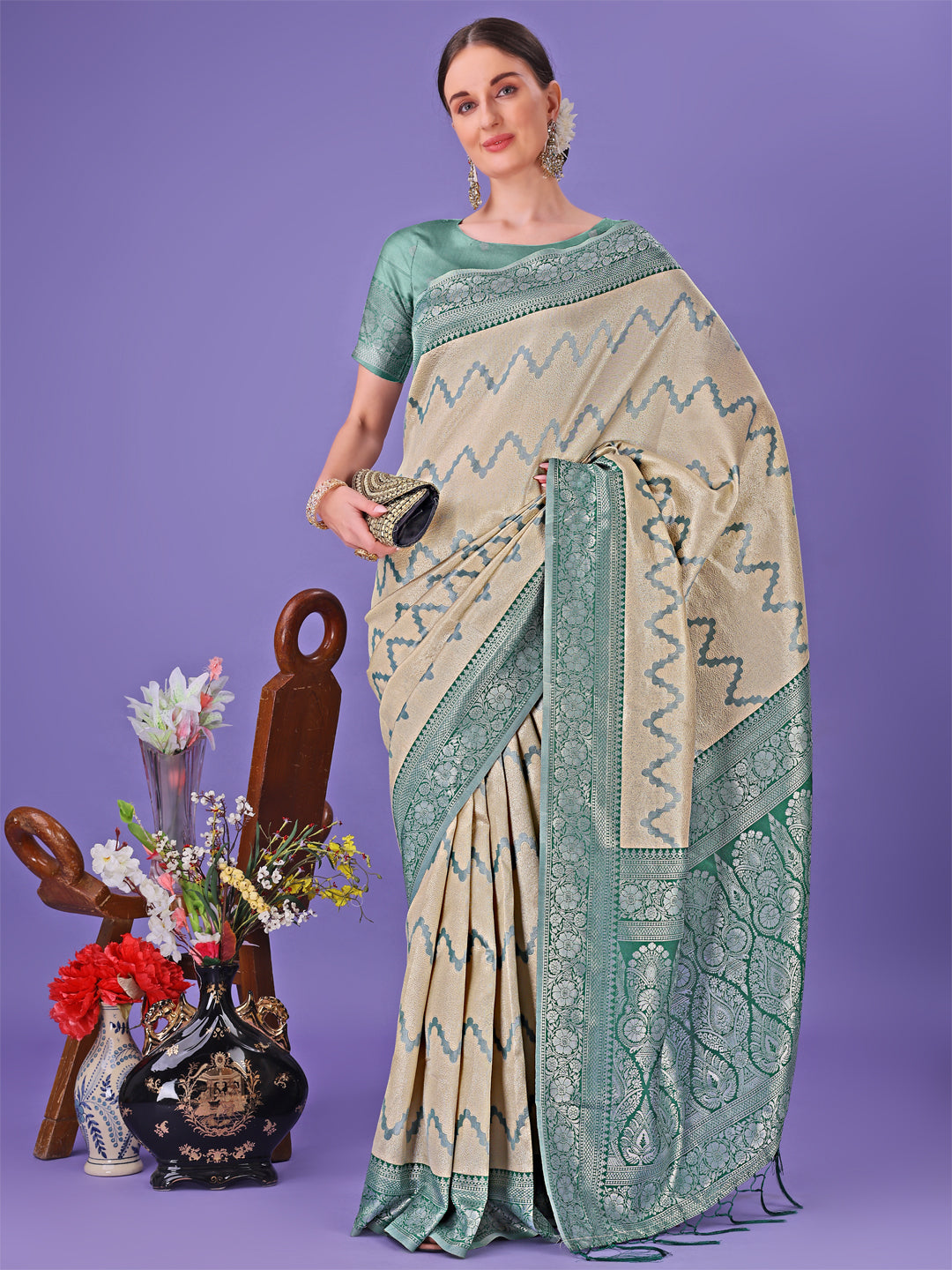 Shree Shyam Fashion Cream & Green Lichi Silk Saree with Rich Woven Border and Zigzag Pattern - Wedding & Festive Wear | Grocsy