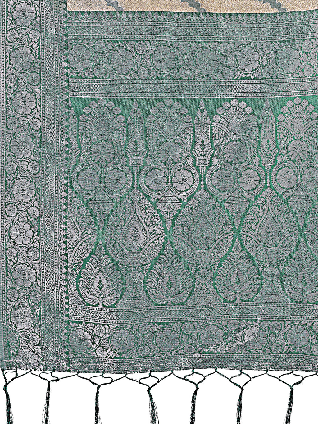 Shree Shyam Fashion Cream & Green Lichi Silk Saree with Rich Woven Border and Zigzag Pattern - Wedding & Festive Wear | Grocsy