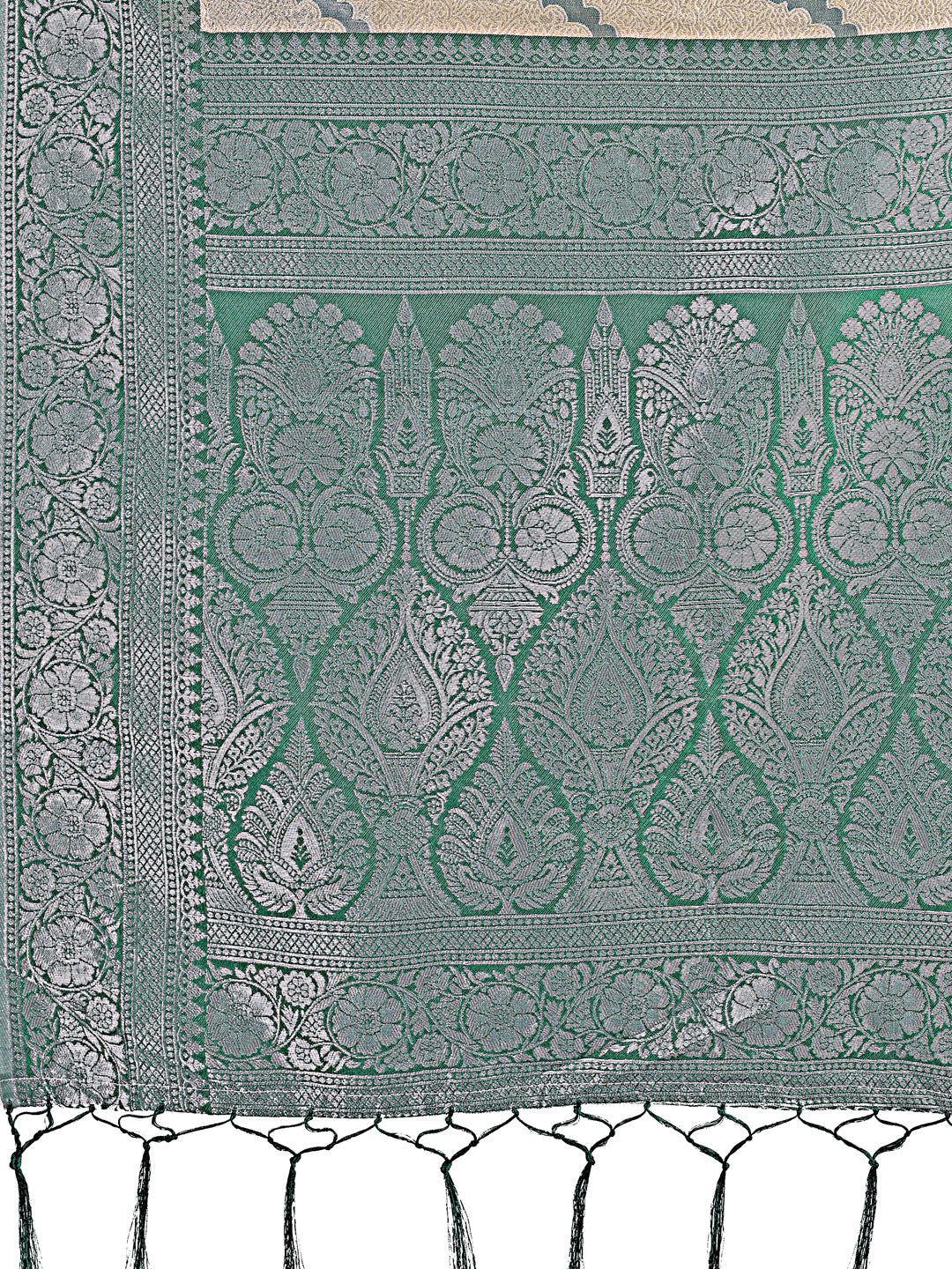 Shree Shyam Fashion Cream & Green Lichi Silk Saree with Rich Woven Border and Zigzag Pattern - Wedding & Festive Wear | Grocsy