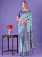 Shree Shyam Fashion Sky Blue & Green Lichi Silk Saree with Rich Woven Border and Zigzag Pattern - Wedding & Festive Wear | Grocsy