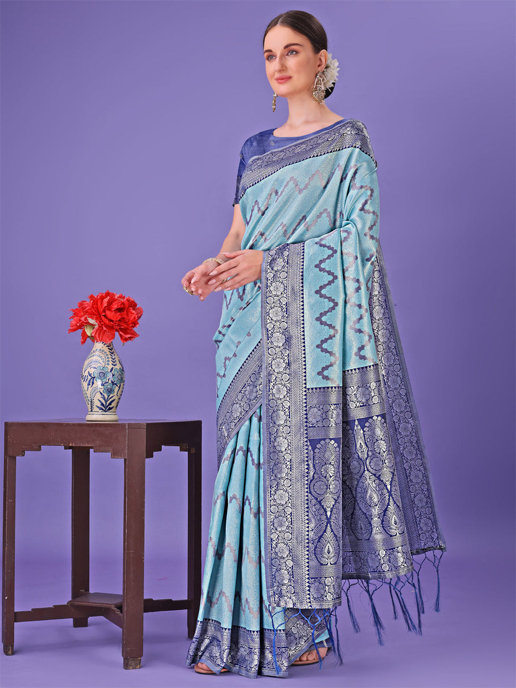 Shree Shyam Fashion Sky Blue & Green Lichi Silk Saree with Rich Woven Border and Zigzag Pattern - Wedding & Festive Wear | Grocsy