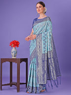 Shree Shyam Fashion Sky Blue & Green Lichi Silk Saree with Rich Woven Border and Zigzag Pattern - Wedding & Festive Wear | Grocsy
