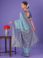Shree Shyam Fashion Sky Blue & Green Lichi Silk Saree with Rich Woven Border and Zigzag Pattern - Wedding & Festive Wear | Grocsy
