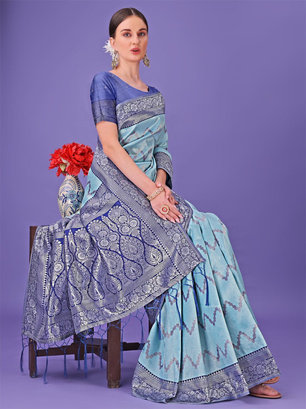 Shree Shyam Fashion Sky Blue & Green Lichi Silk Saree with Rich Woven Border and Zigzag Pattern - Wedding & Festive Wear | Grocsy
