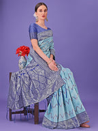 Shree Shyam Fashion Sky Blue & Green Lichi Silk Saree with Rich Woven Border and Zigzag Pattern - Wedding & Festive Wear | Grocsy