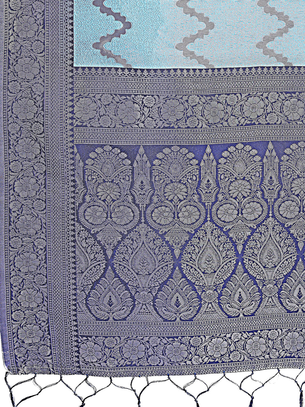Shree Shyam Fashion Sky Blue & Green Lichi Silk Saree with Rich Woven Border and Zigzag Pattern - Wedding & Festive Wear | Grocsy