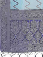 Shree Shyam Fashion Sky Blue & Green Lichi Silk Saree with Rich Woven Border and Zigzag Pattern - Wedding & Festive Wear | Grocsy