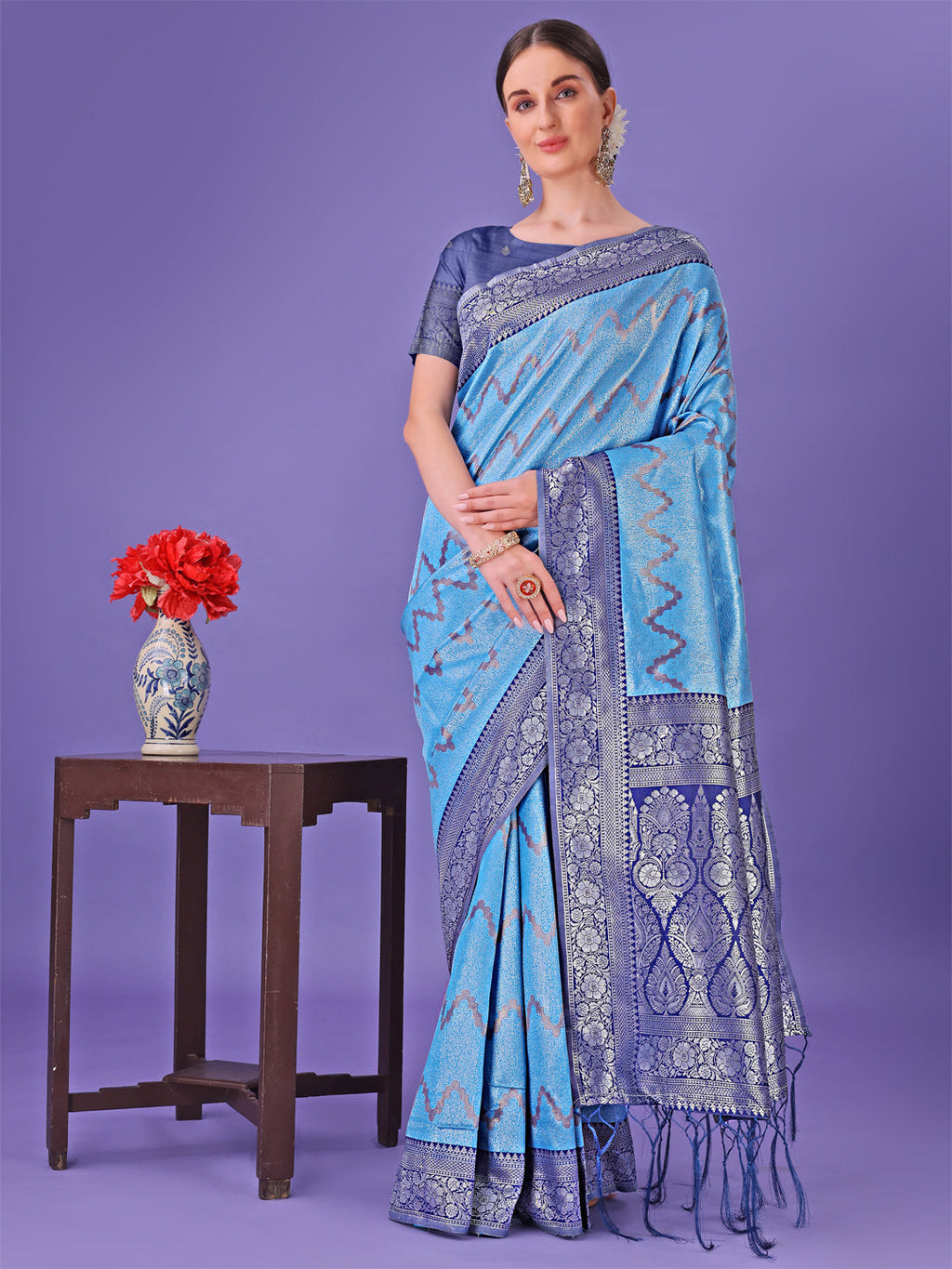 Shree Shyam Fashion Blue & Navy Blue Lichi Silk Saree with Rich Woven Border and Zigzag Pattern - Wedding & Festive Wear | Grocsy