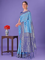 Shree Shyam Fashion Blue & Navy Blue Lichi Silk Saree with Rich Woven Border and Zigzag Pattern - Wedding & Festive Wear | Grocsy