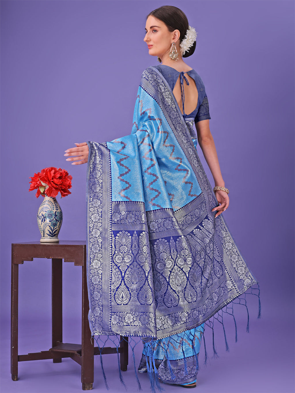 Shree Shyam Fashion Blue & Navy Blue Lichi Silk Saree with Rich Woven Border and Zigzag Pattern - Wedding & Festive Wear | Grocsy