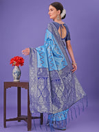 Shree Shyam Fashion Blue & Navy Blue Lichi Silk Saree with Rich Woven Border and Zigzag Pattern - Wedding & Festive Wear | Grocsy