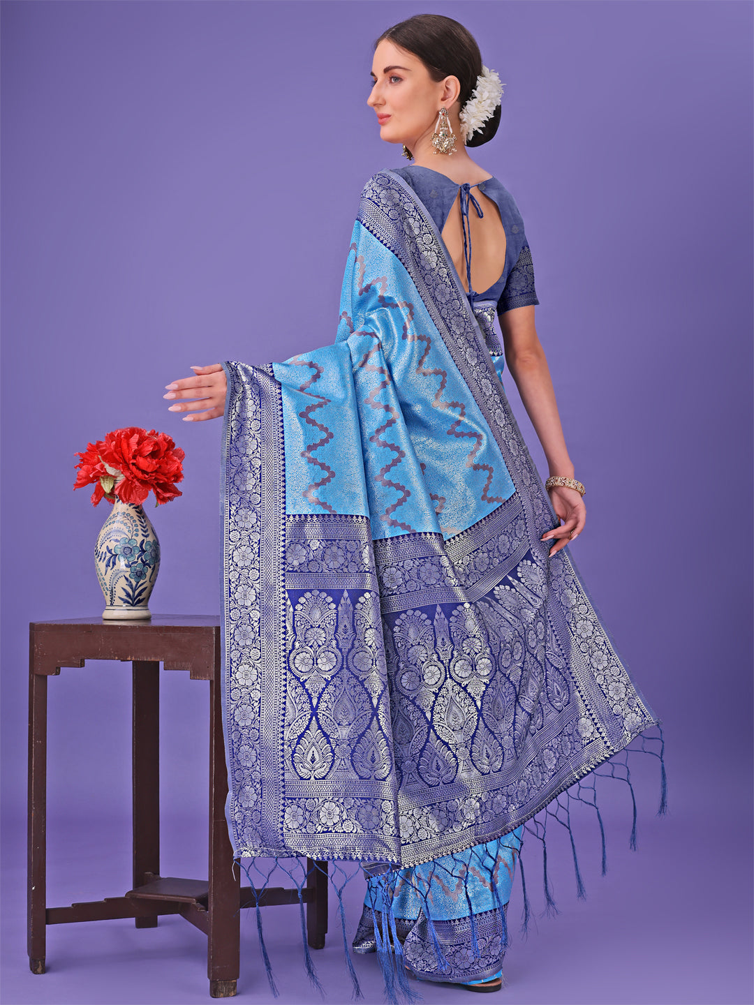 Shree Shyam Fashion Blue & Navy Blue Lichi Silk Saree with Rich Woven Border and Zigzag Pattern - Wedding & Festive Wear | Grocsy