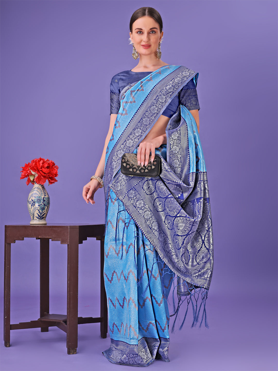 Shree Shyam Fashion Blue & Navy Blue Lichi Silk Saree with Rich Woven Border and Zigzag Pattern - Wedding & Festive Wear | Grocsy