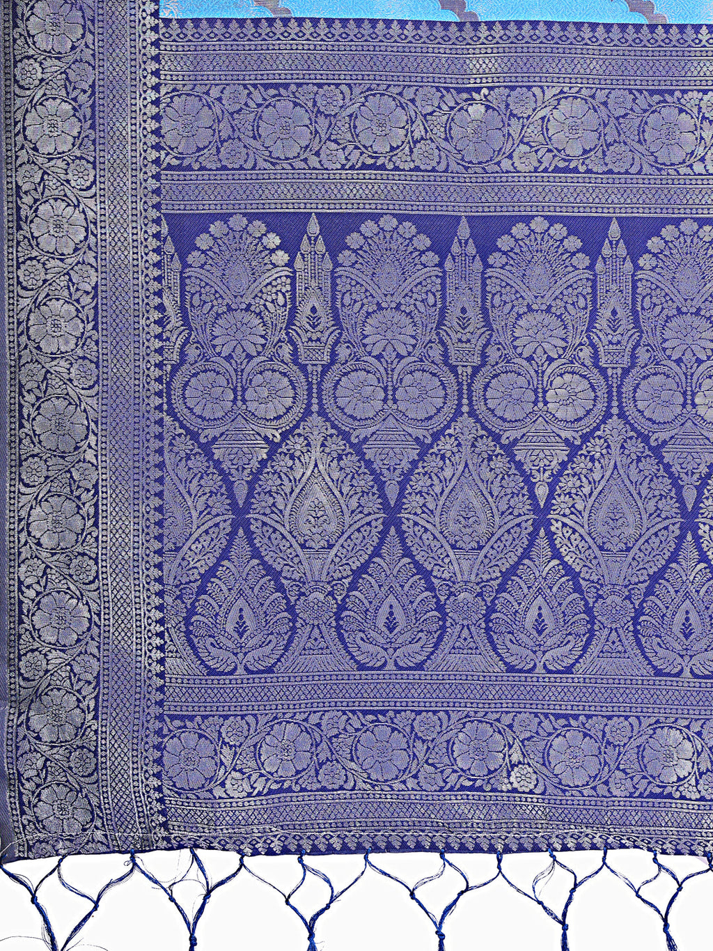 Shree Shyam Fashion Blue & Navy Blue Lichi Silk Saree with Rich Woven Border and Zigzag Pattern - Wedding & Festive Wear | Grocsy