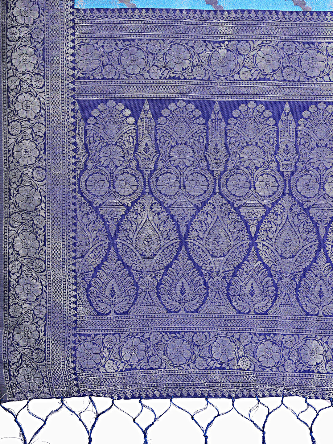 Shree Shyam Fashion Blue & Navy Blue Lichi Silk Saree with Rich Woven Border and Zigzag Pattern - Wedding & Festive Wear | Grocsy