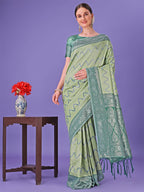 Shree Shyam Fashion Light Green & Green Lichi Silk Saree with Rich Woven Border and Zigzag Pattern - Wedding & Festive Wear | Grocsy