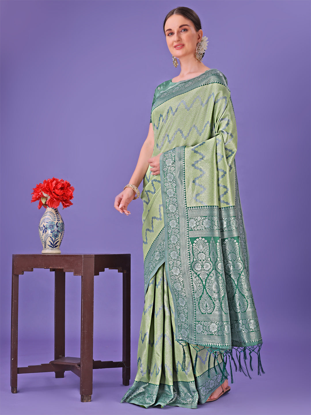 Shree Shyam Fashion Light Green & Green Lichi Silk Saree with Rich Woven Border and Zigzag Pattern - Wedding & Festive Wear | Grocsy